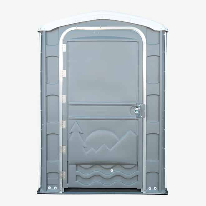 polyportables eau grey portable toilet door open front view