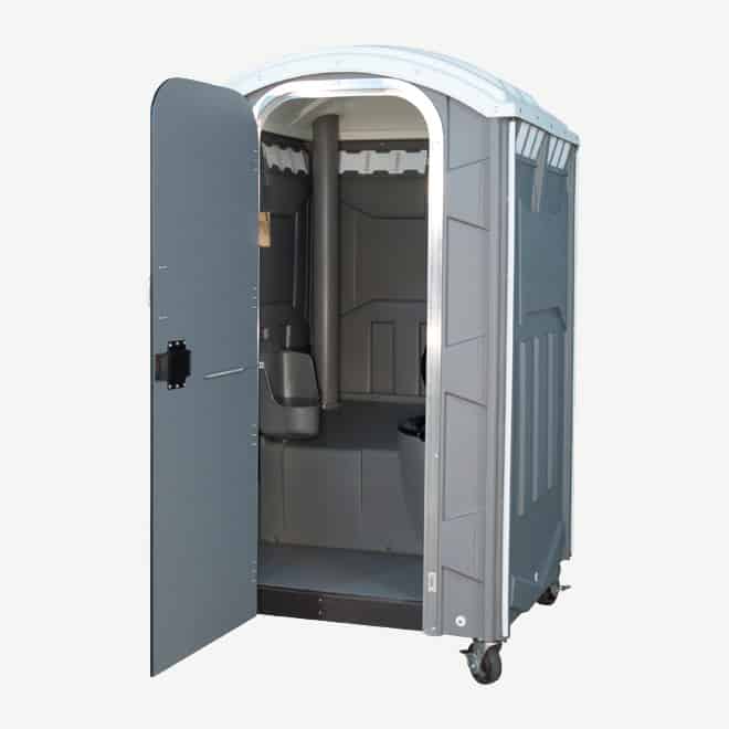 polyportables poly mini grey portable toilet door open perspective view