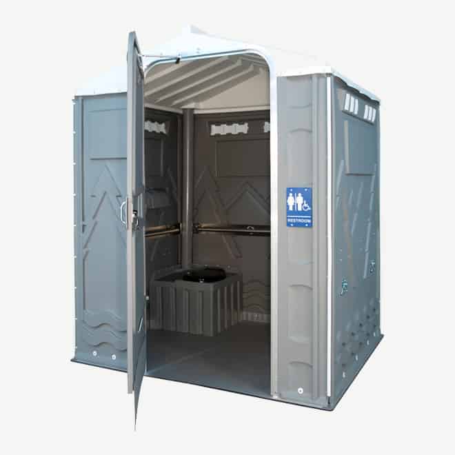 polyportables senator grey portable toilet door open perspective view